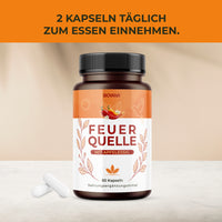 Thumbnail for Biovana Feuerquelle Apfelessig-Kapseln mit Produktdose und Einnahmehinweis auf orangefarbenem Banner