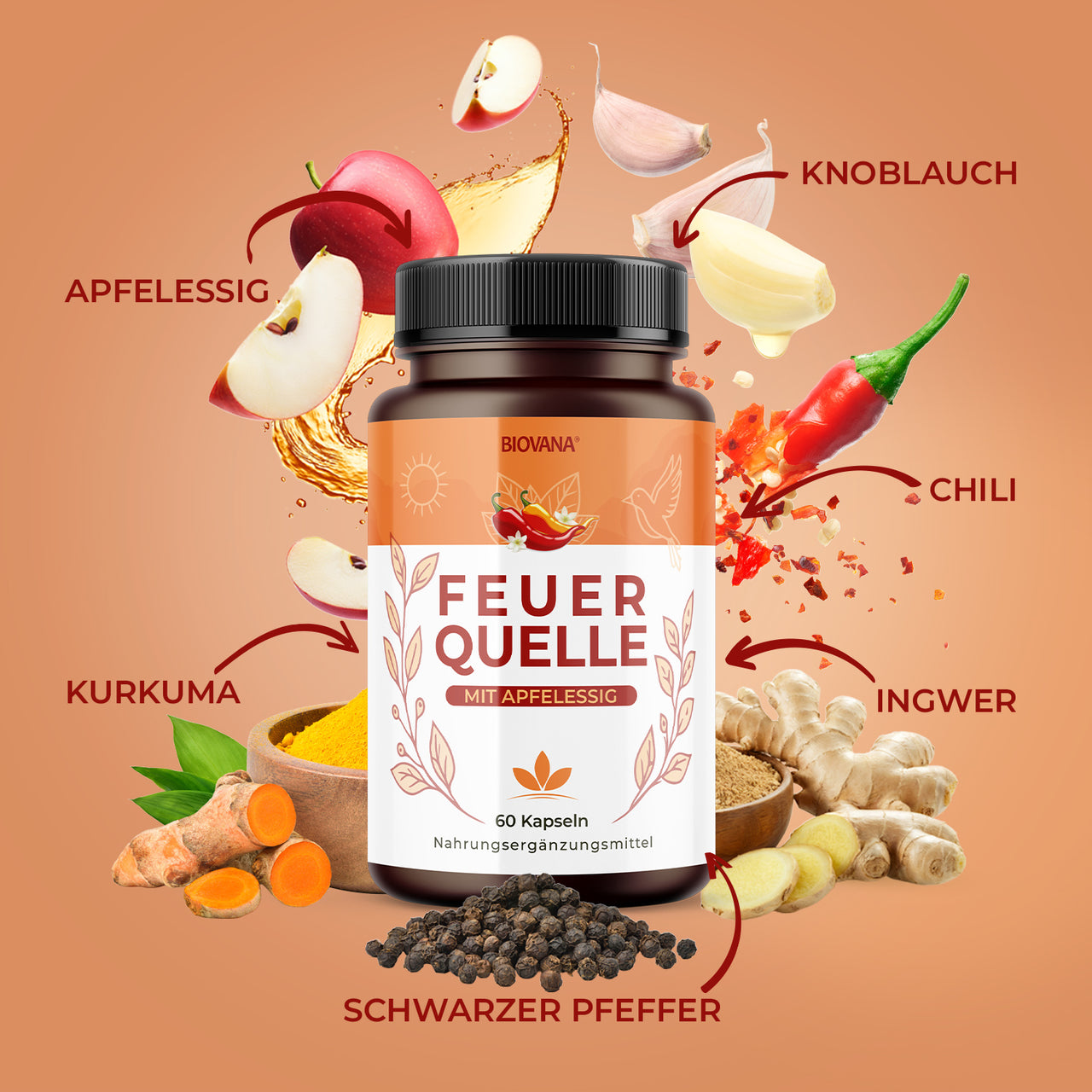 Feuer Quelle Dose mit Abbildungen von Apfelessig, Knoblauch, Chili, Ingwer, Kurkuma und Pfeffer