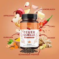 Thumbnail for Feuer Quelle Dose mit Abbildungen von Apfelessig, Knoblauch, Chili, Ingwer, Kurkuma und Pfeffer