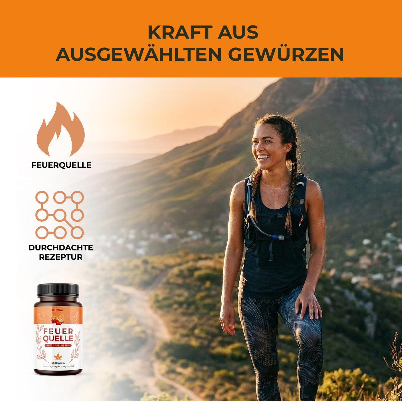 Biovana Feuerquelle Produktbild mit Wanderin, Gewürz-Komplex und Hinweis auf durchdachte Rezeptur
