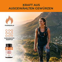 Thumbnail for Biovana Feuerquelle Produktbild mit Wanderin, Gewürz-Komplex und Hinweis auf durchdachte Rezeptur
