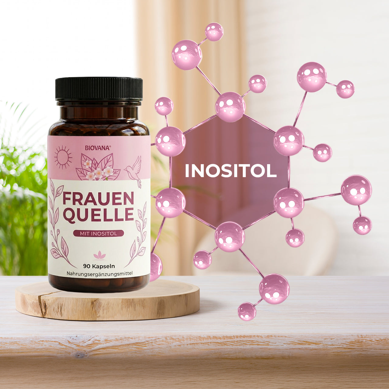 Biovana Frauenquelle Dose mit Inositol-Schriftzug, rosa Molekülstruktur und Pflanze im Hintergrund
