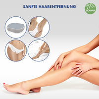 Thumbnail for Liegende Frau mit glatten Beinen, links vier Kreise mit Produktdarstellung und Anwendung an Armen und Beinen