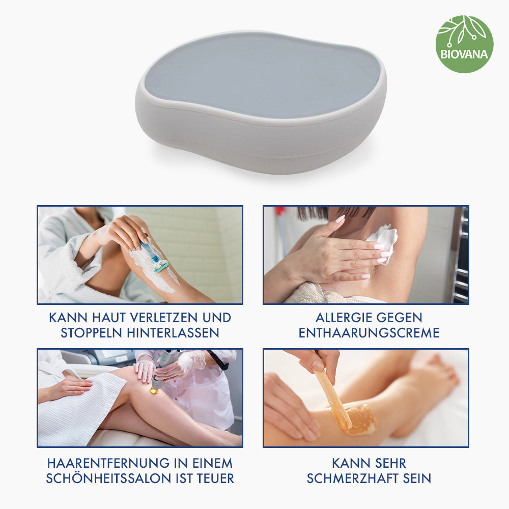 Graues Haarentfernungsprodukt oben, darunter vier Fotos mit Text zu Rasur, Enthaarungscreme, Waxing und Studio