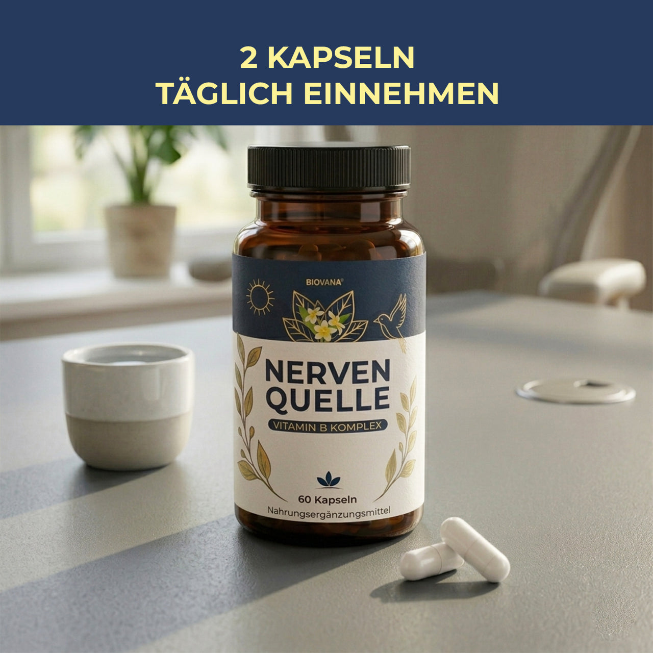 Braune Dose Nervenquelle mit Vitamin B Komplex, 60 Kapseln und Text zur Einnahme