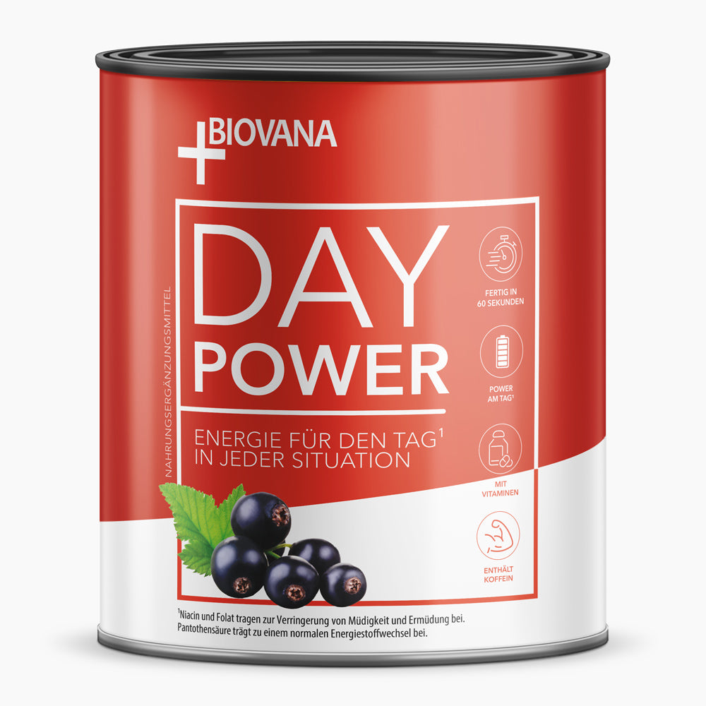 Rote Dose mit Aufschrift DAY POWER Energie für den Tag in jeder Situation mit Johannisbeeren-Abbildung