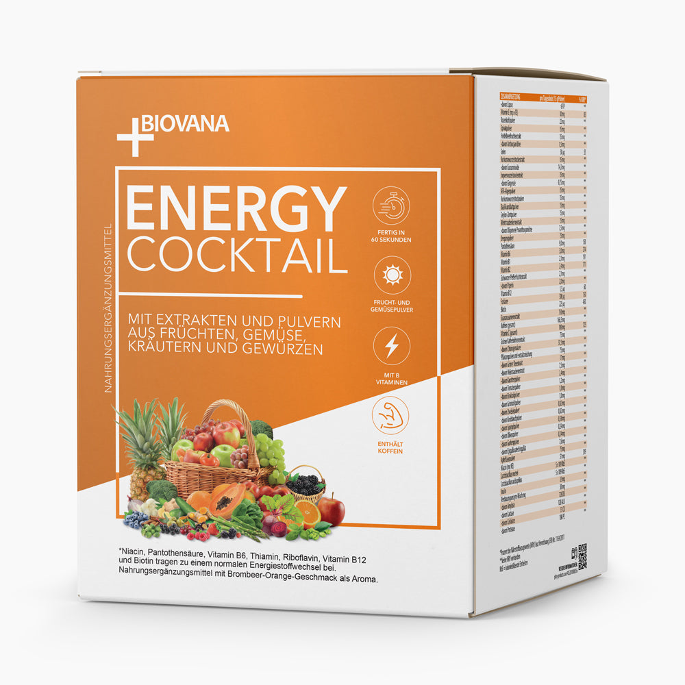 Biovana Energy Cocktail mit Pflanzenextrakten, Vitaminen und Koffein in Brombeer-Orange-Geschmack