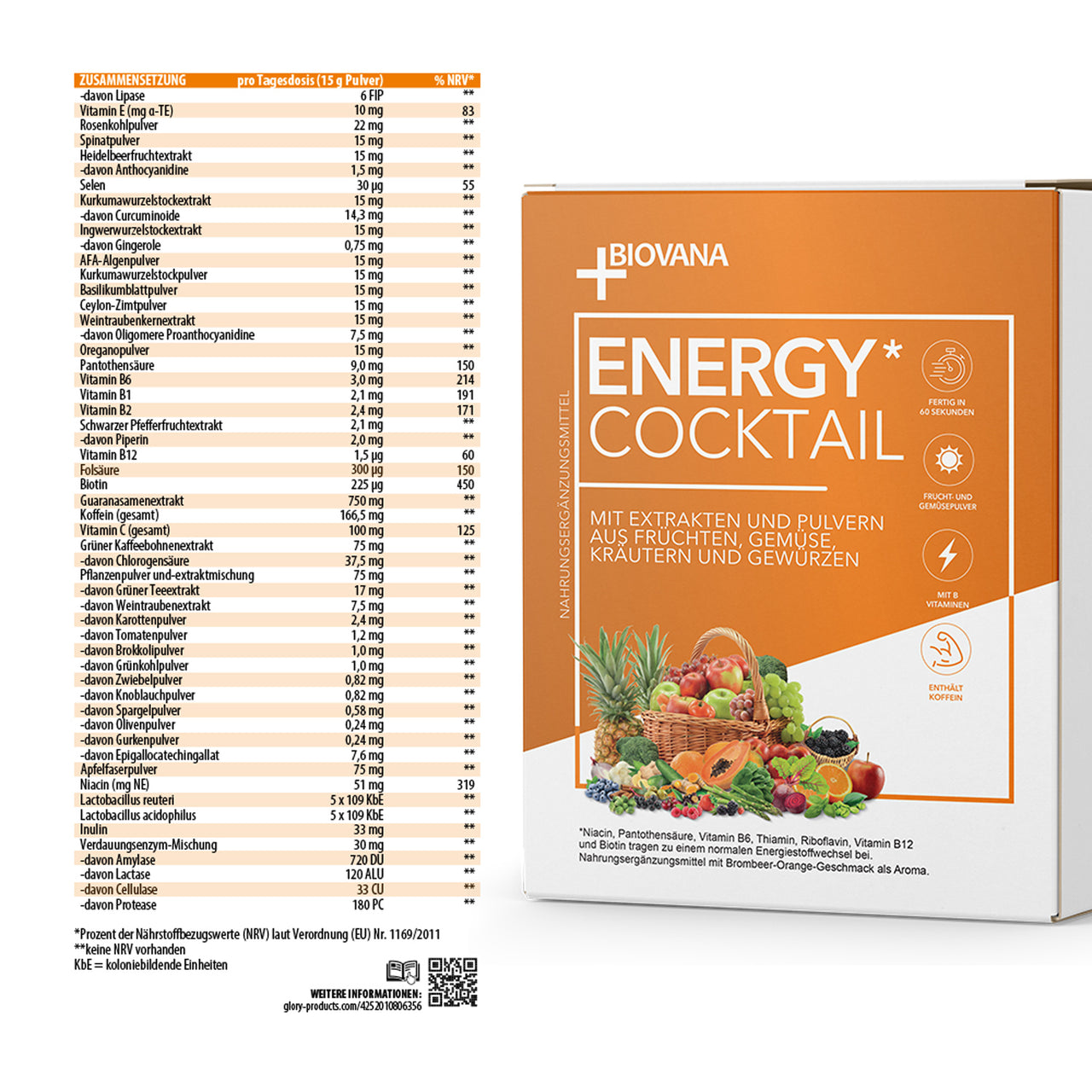 Nährwerttabelle und Zutatenliste Energy Cocktail neben Biovana Produktverpackung