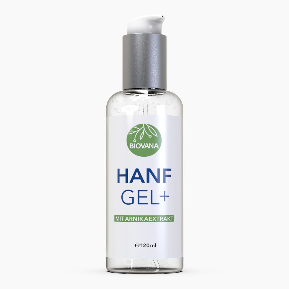 Durchsichtige Flasche mit Pumpspender und Schrift Hanf Gel Plus Biovana mit 120 ml