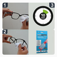 Thumbnail for Anwendungsschritte mit Brille, Tuch und Verpackung Hightech Brillenschutz mit Uhrsymbol 10 Min
