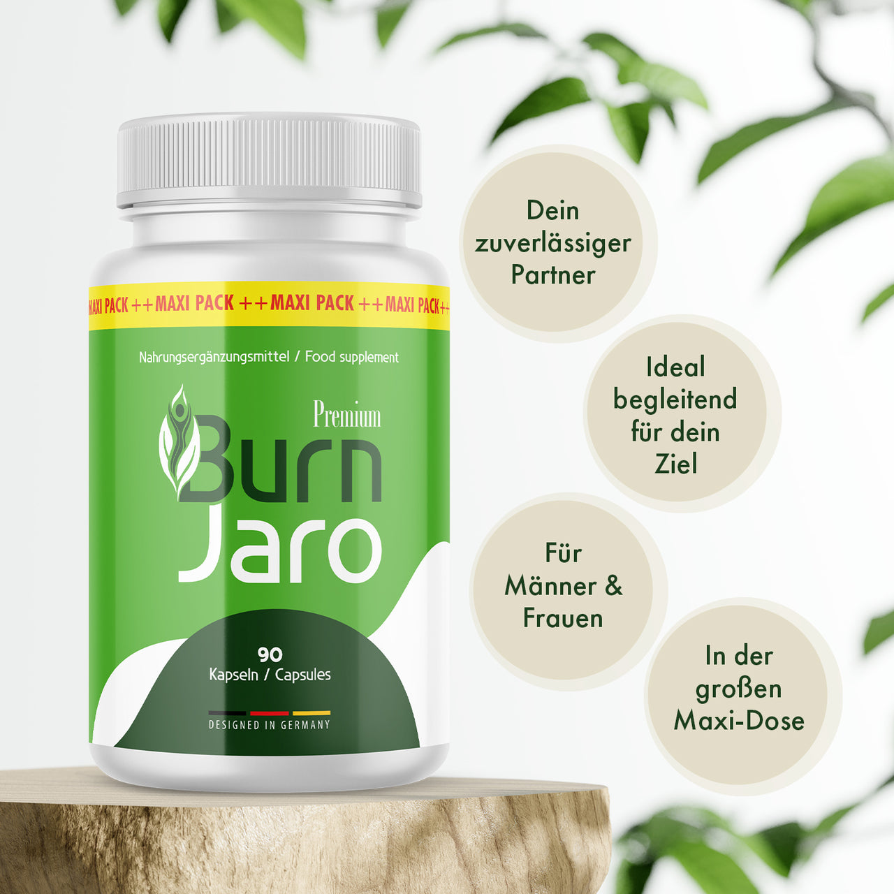 Burn Jaro Premium in weißer Dose mit vier Infokreisen zu Produktmerkmalen und 90 Kapseln sichtbar