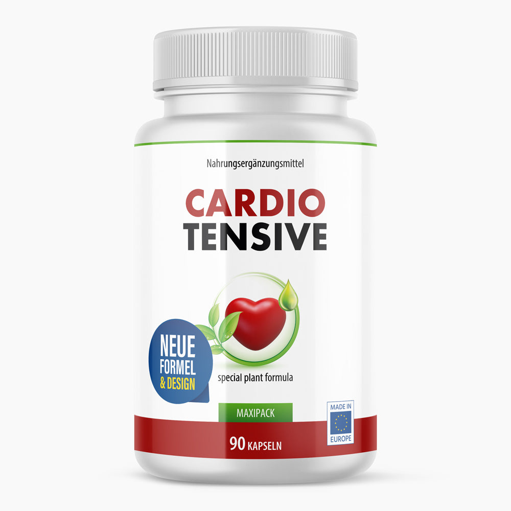 Weiße Dose mit Etikett Cardio Tensive, 90 Kapseln und grafisch dargestelltem Herz mit Blättern und Tropfen