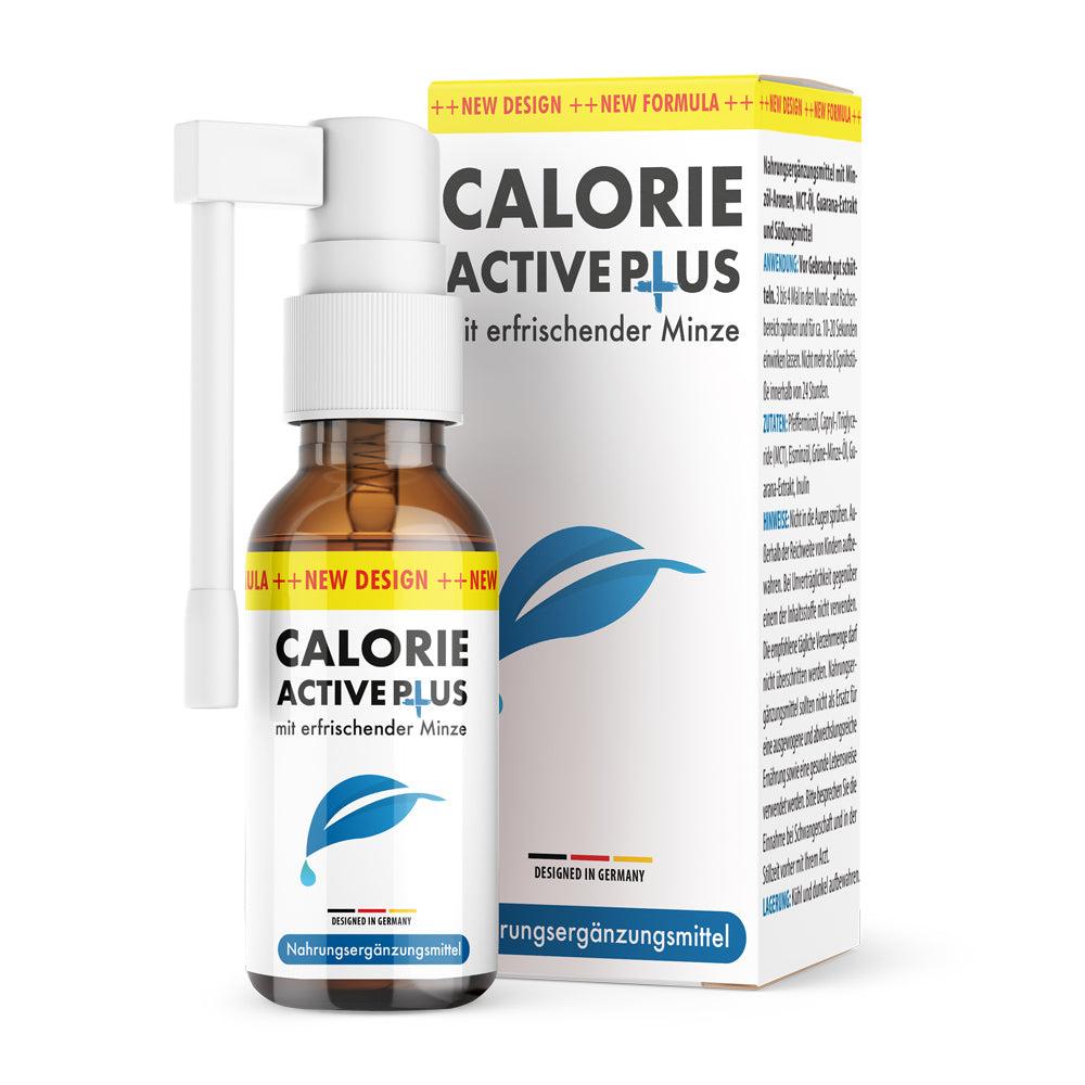 Braune Flasche mit Sprühaufsatz und Etikett Calorie Active Plus mit Minze vor passender Faltschachtel