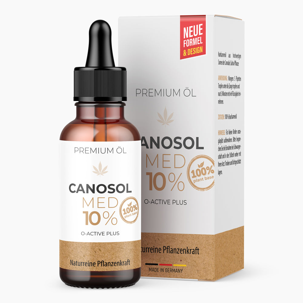 Braune Flasche mit Pipette und weißem Etikett Canosol Med 10 % vor passender Faltschachtel
