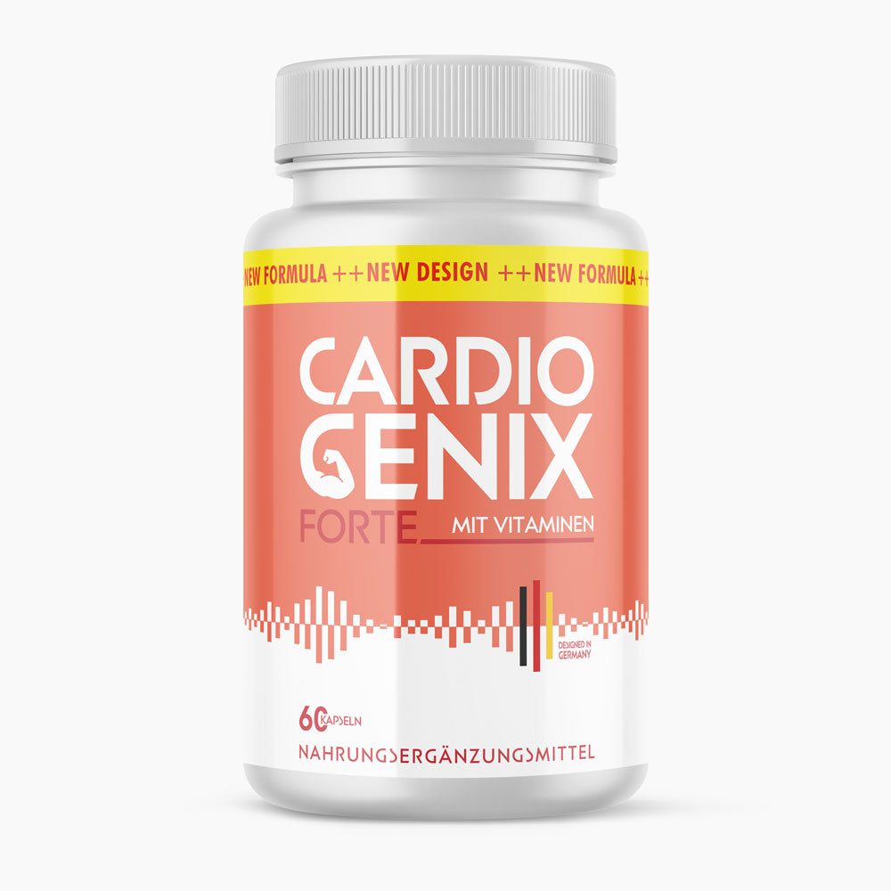 Weiße Kunststoffdose mit orangefarbenem Etikett Cardio Genix Forte mit Vitaminen, 60 Kapseln