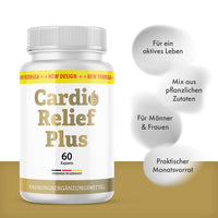 Thumbnail for Cardio Relief Plus Dose mit 60 Kapseln und vier grauen Infokreisen zu Produktmerkmalen