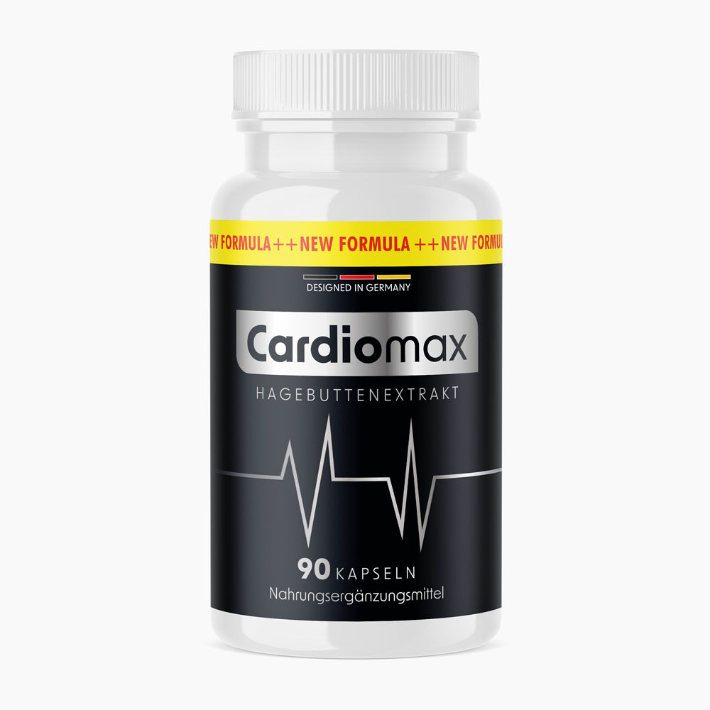 Weiße Kunststoffdose mit schwarzem Etikett Cardiomax Hagebuttenextrakt mit 90 Kapseln