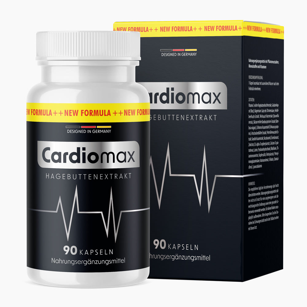 Weiße Kunststoffdose mit schwarzem Etikett Cardiomax Hagebuttenextrakt mit 90 Kapseln vor Faltschachtel