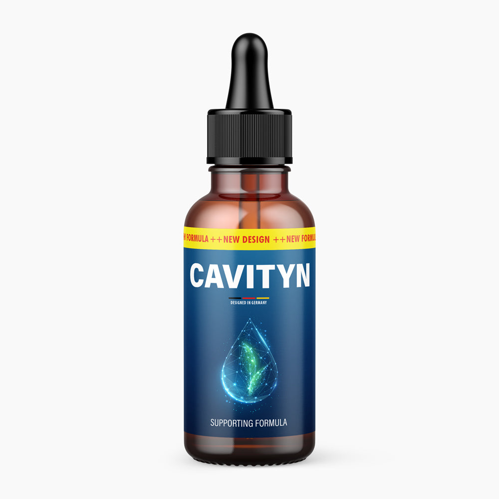 Braune Flasche mit Pipette und blauem Etikett Cavityn Supporting Formula mit leuchtendem Tropfensymbol