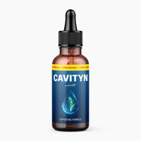 Thumbnail for Braune Flasche mit Pipette und blauem Etikett Cavityn Supporting Formula mit leuchtendem Tropfensymbol
