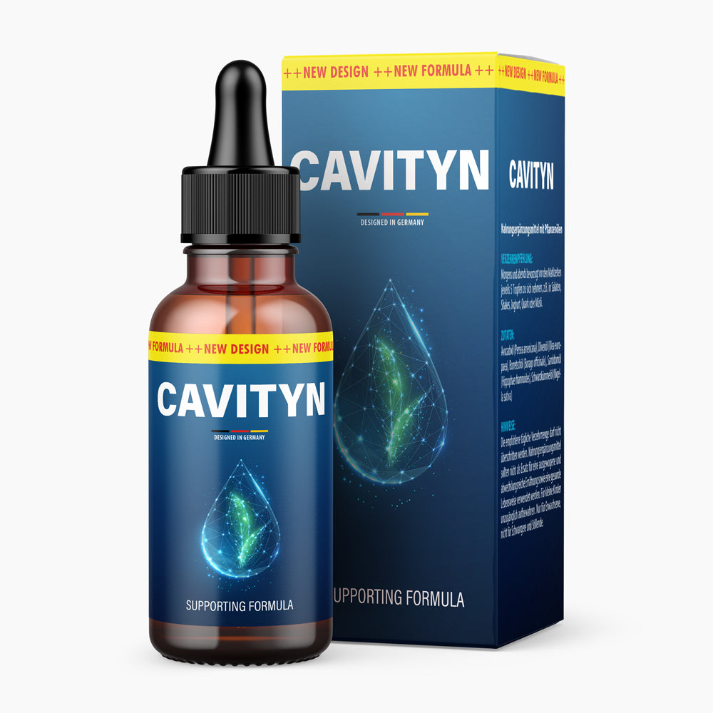 Braune Flasche mit Pipette und blauem Etikett Cavityn vor passender Faltschachtel mit Tropfenabbildung