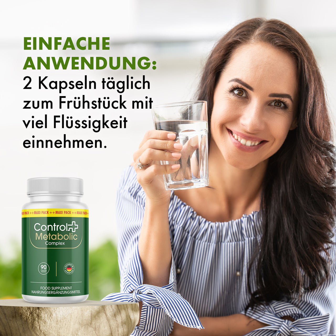 Control + Metabolic Complex mit 90 Kapseln und Hinweis zur Einnahme von 2 Kapseln täglich zum Frühstück