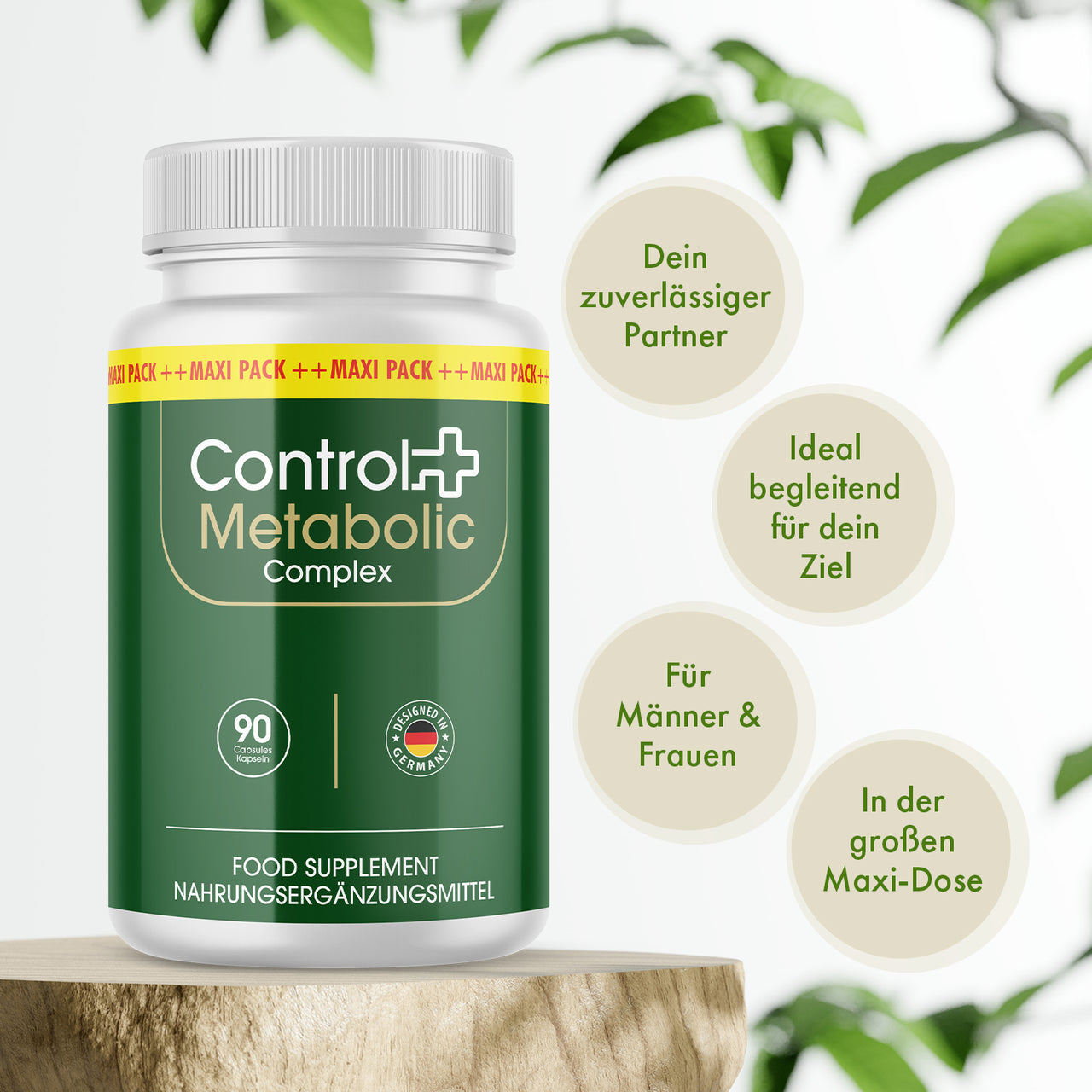 Control + Metabolic Complex mit 90 Kapseln, beworben für Männer und Frauen sowie als täglicher Begleiter