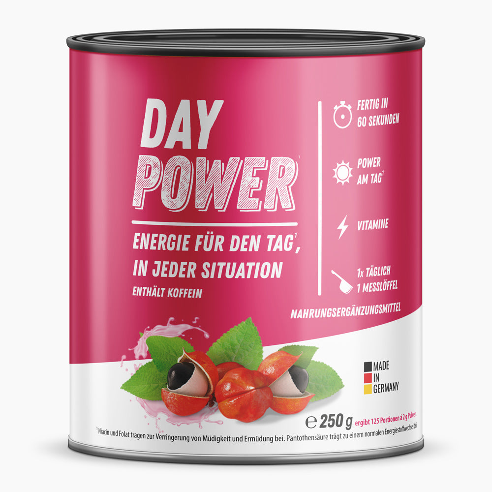 Rote Dose mit Aufschrift DAY POWER Energie für den Tag in jeder Situation mit Johannisbeeren-Abbildung