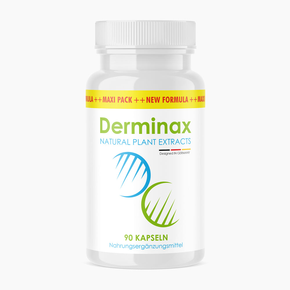 Dose mit grün-blauem Aufdruck Derminax Natural Plant Extracts und gelbem Etikettstreifen, 90 Kapseln