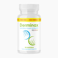Thumbnail for Dose mit grün-blauem Aufdruck Derminax Natural Plant Extracts und gelbem Etikettstreifen, 90 Kapseln