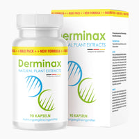 Thumbnail for Kunststoffdose mit Etikett Derminax Natural Plant Extracts, 90 Kapseln vor passender Faltschachtel