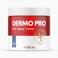 Thumbnail for Weiße Kunststoffdose mit rotem Etikett Dermo Pro Anti Aging Creme, 100 ml und Molekülsymbol