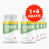 Thumbnail for Fünf Dosen Dianon Forte mit je 60 Kapseln, dazu roter Hinweis „1+4 gratis“ auf weißem Grund