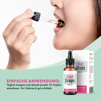 Thumbnail for Person mit Pipette am Mund vor Diet Drops Flasche, Faltschachtel und Anwendungstext