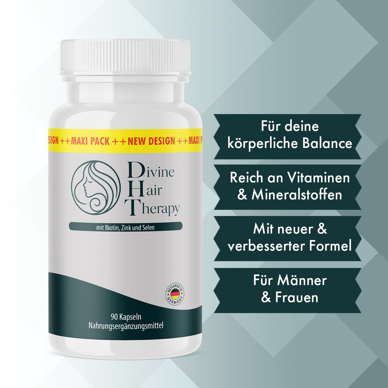 Divine Hair Therapy Dose mit 90 Kapseln, gelbem Maxi-Pack-Band und Vorteilshinweisen im Bild
