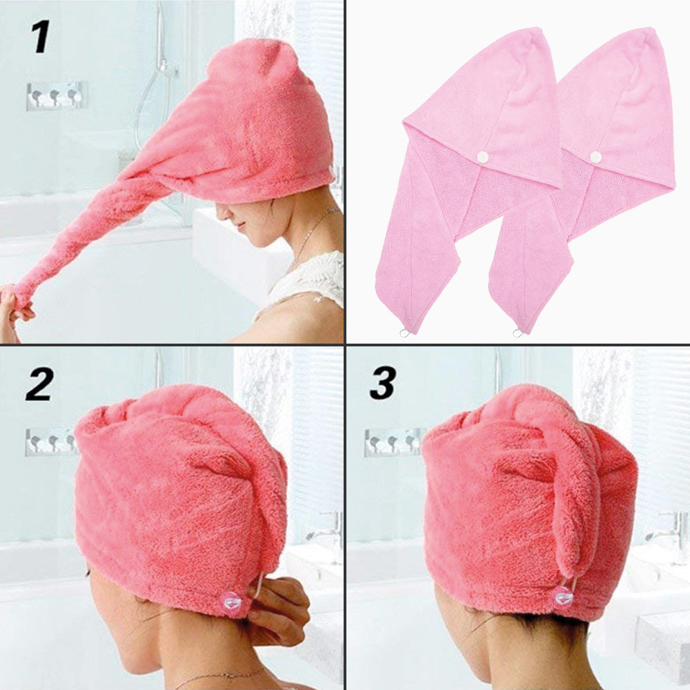 Anwendungsschritte mit rosa Haartuch in drei Bildern am Kopf, rechts oben zwei identische rosa Haartücher