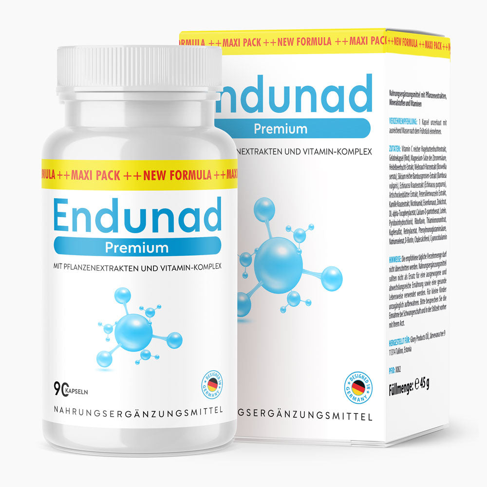 Weiße Kunststoffdose mit blauem Etikett Endunad Premium mit Pflanzenextrakten und Vitamin-Komplex, 90 Kapseln vor passender Faltschachtel