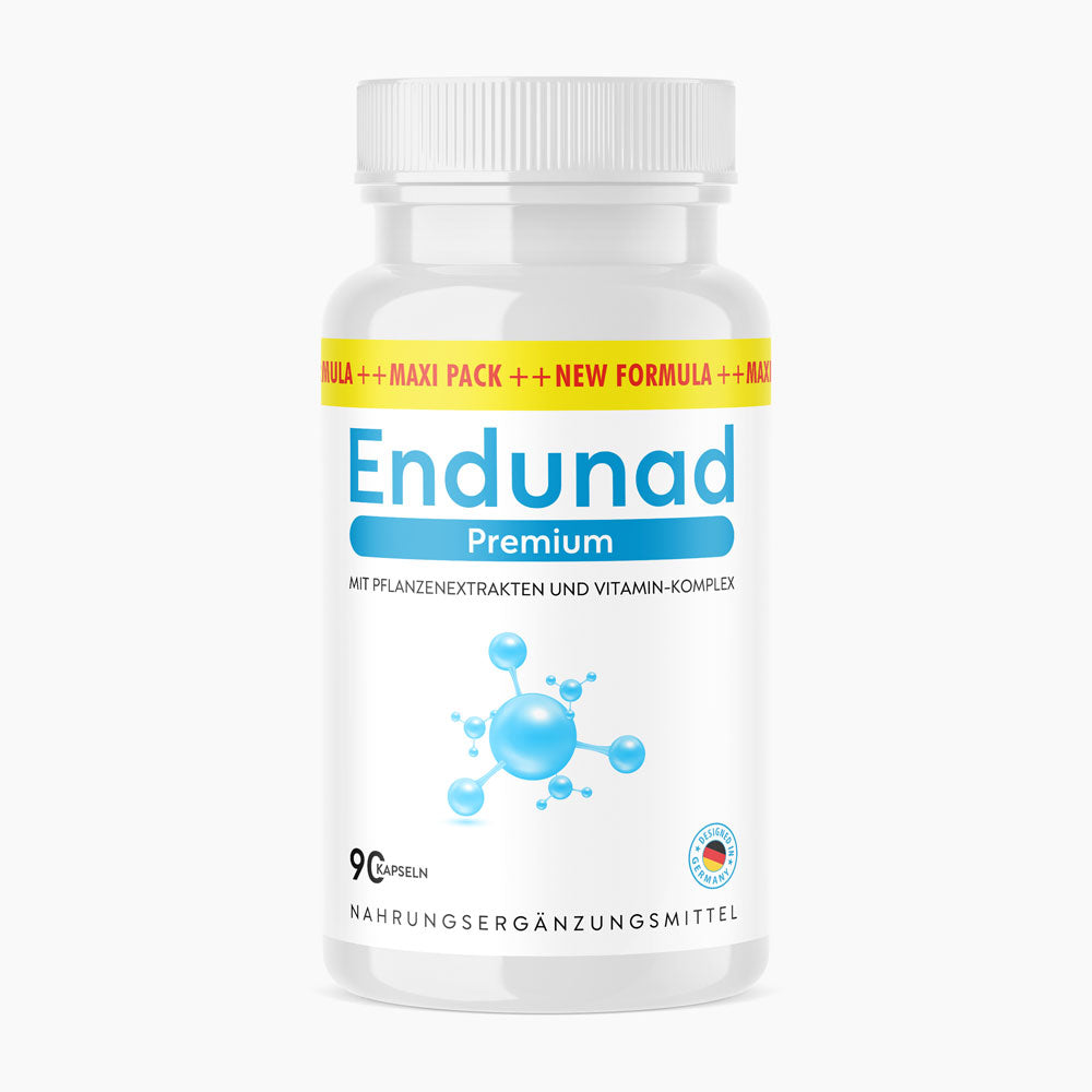 Weiße Kunststoffdose mit blauem Etikett Endunad Premium mit Pflanzenextrakten und Vitamin-Komplex, 90 Kapseln