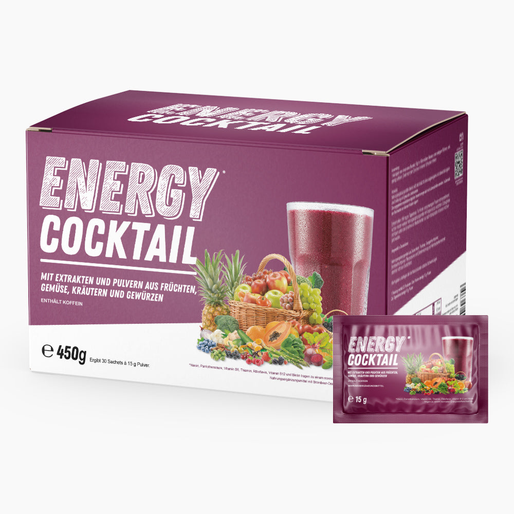 Lila ENERGY COCKTAIL Box mit Aufschrift und Fruchtkorb-Motiv neben passendem Einzelbeutel 15 g