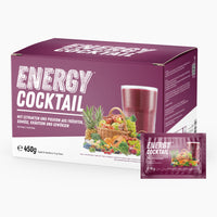 Thumbnail for Lila ENERGY COCKTAIL Box mit Aufschrift und Fruchtkorb-Motiv neben passendem Einzelbeutel 15 g