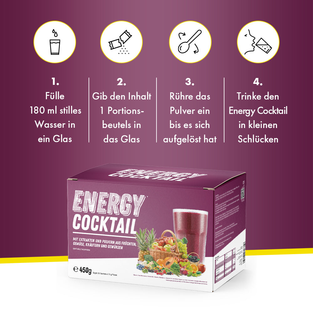 Zubereitung des Energy Cocktails in 4 Schritten mit Wasser, Beutel, Umrühren und Trinken erklärt