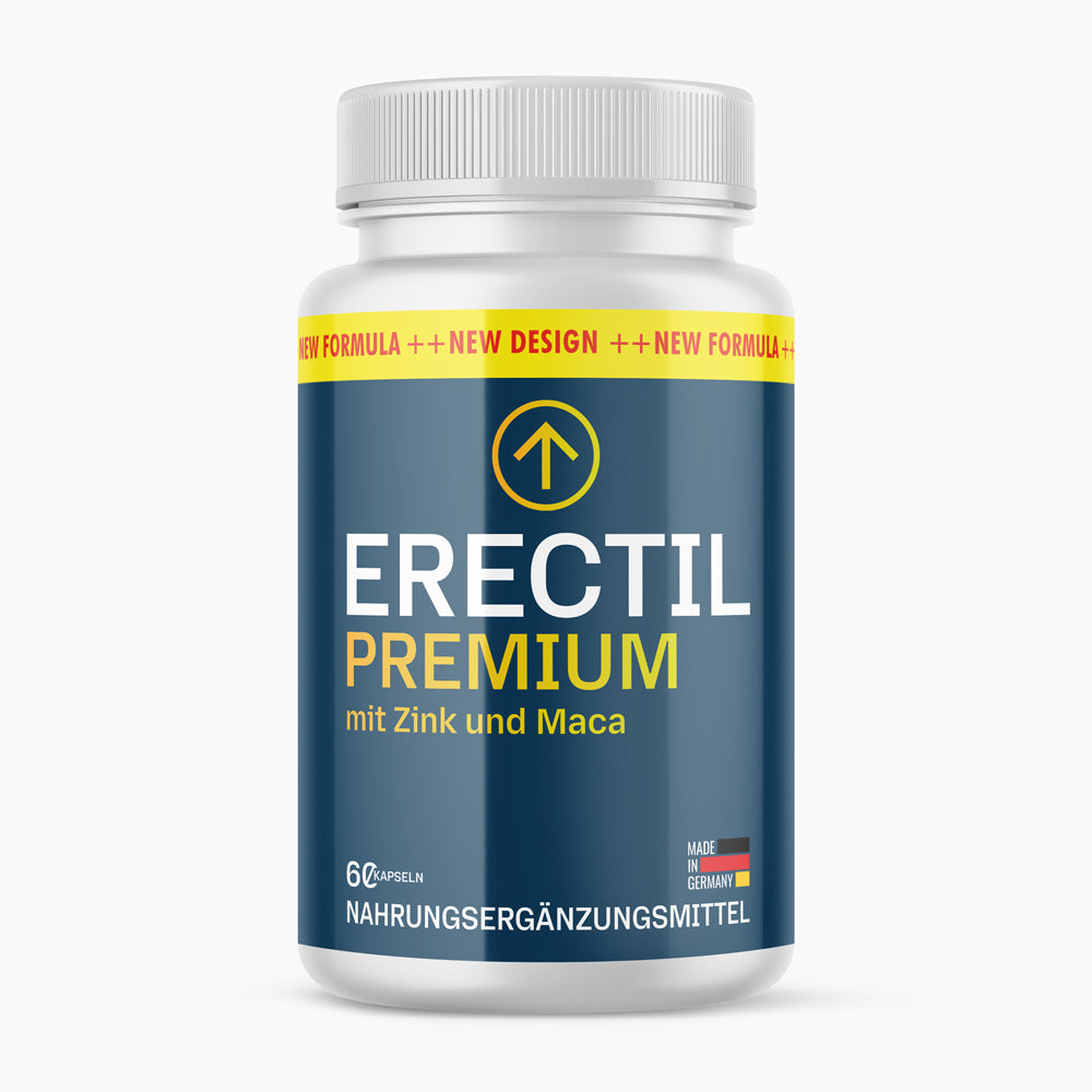 Erectil Premium 60 Kapseln mit blauem Etikett und Schrift mit Zink und Maca