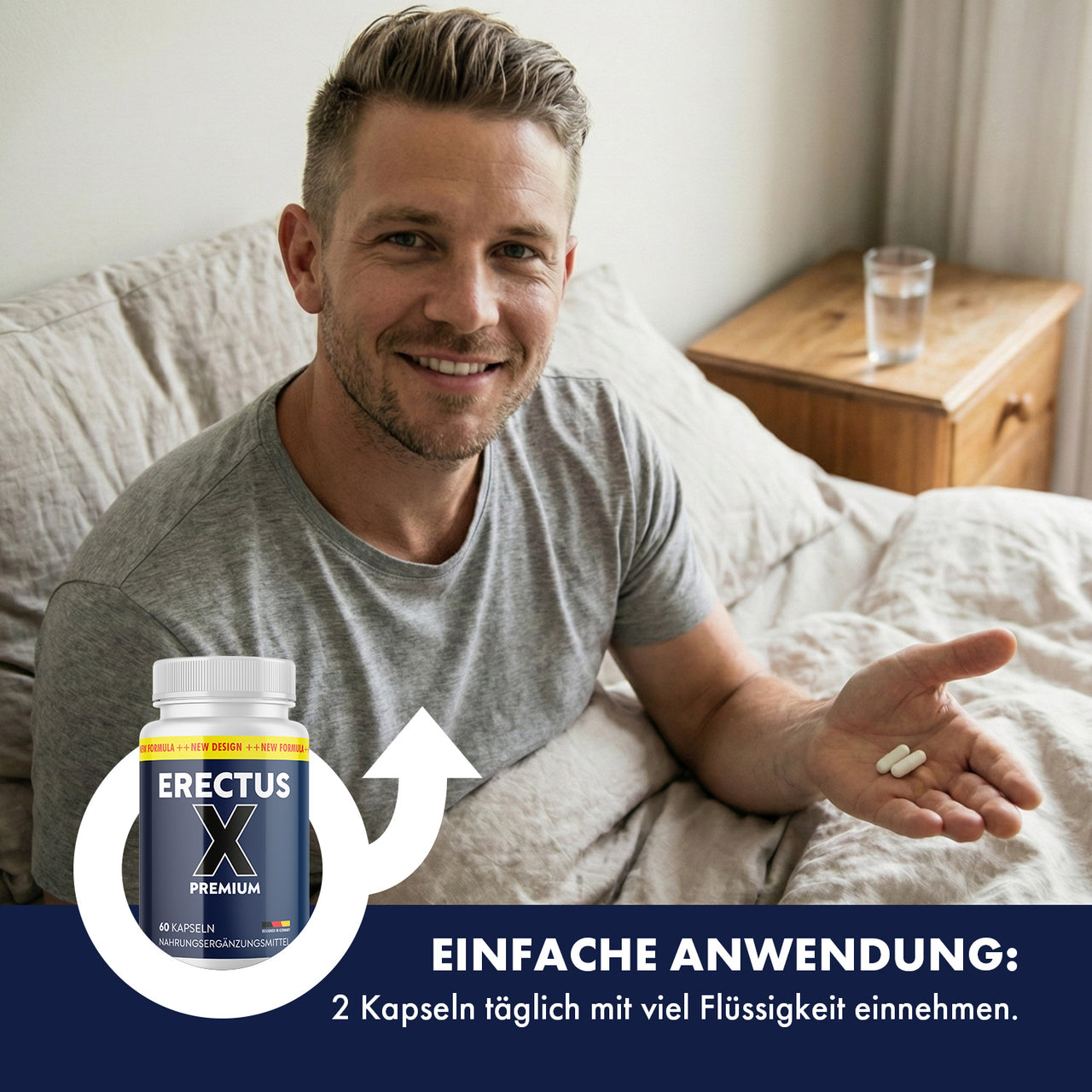 Mann sitzt im Bett mit Kapseln in der Hand neben Erectus X Premium Dose