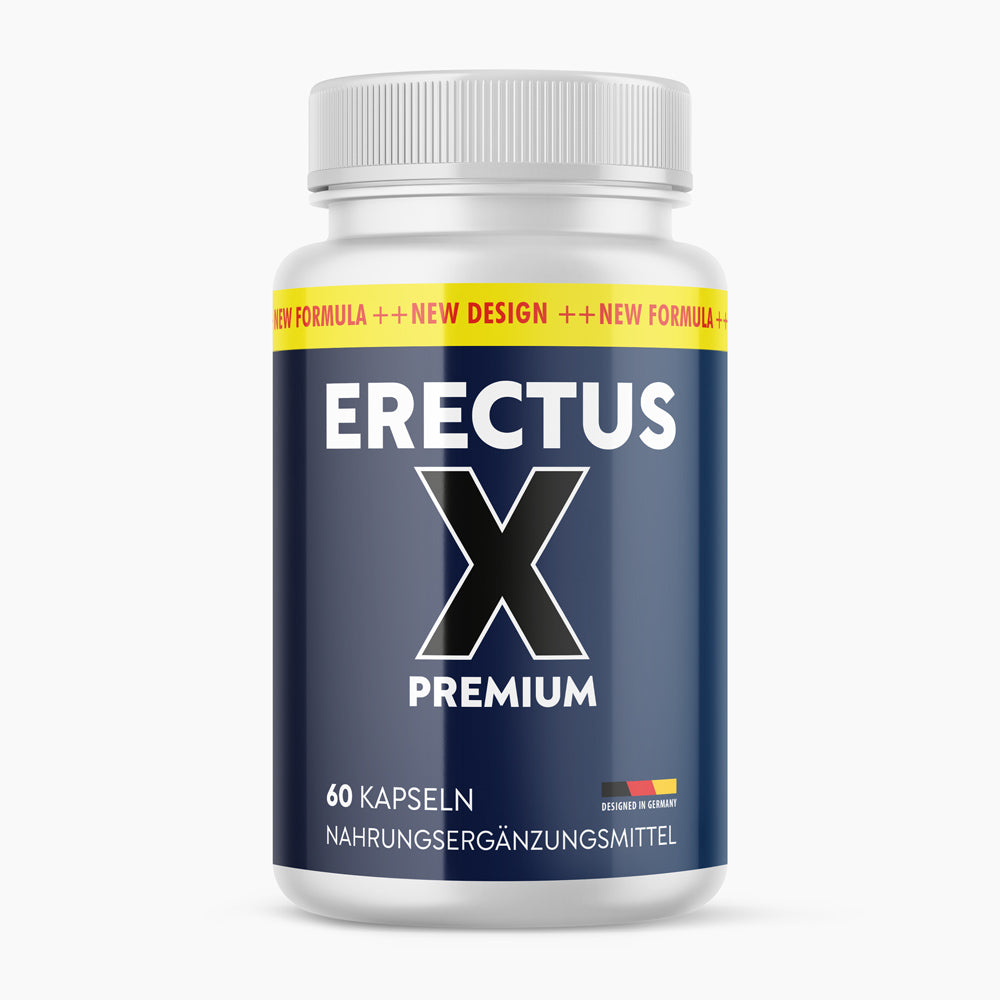 Weiße Kunststoffdose Erectus X Premium mit 60 Kapseln und blauem Etikett