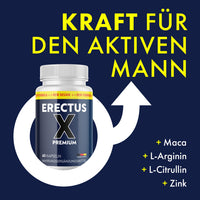 Thumbnail for Erectus X Premium Dose mit 60 Kapseln vor Symbol für Mann und Text Kraft für den aktiven Mann