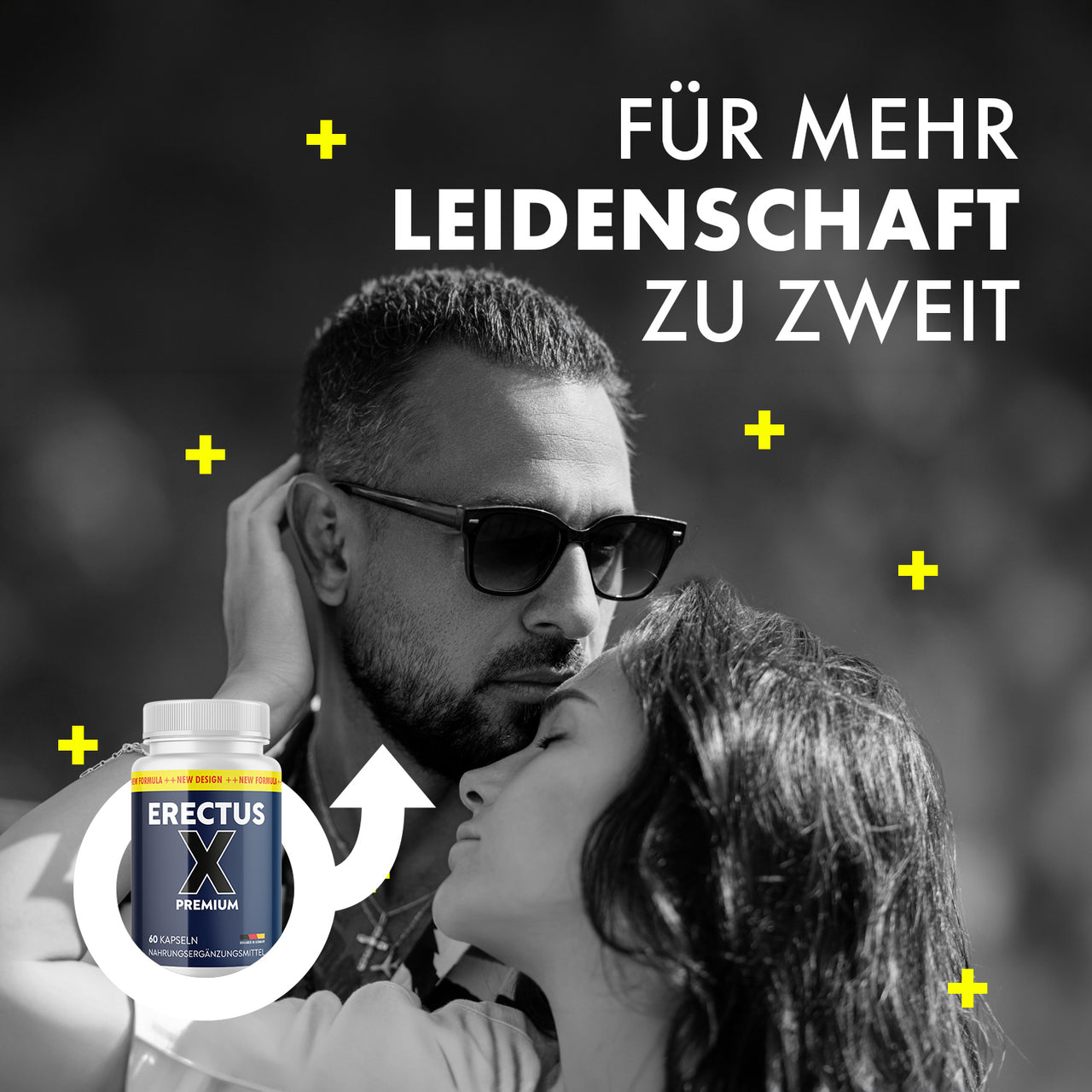 Paar in Umarmung neben Erectus X Premium Dose mit 60 Kapseln und Schriftzug