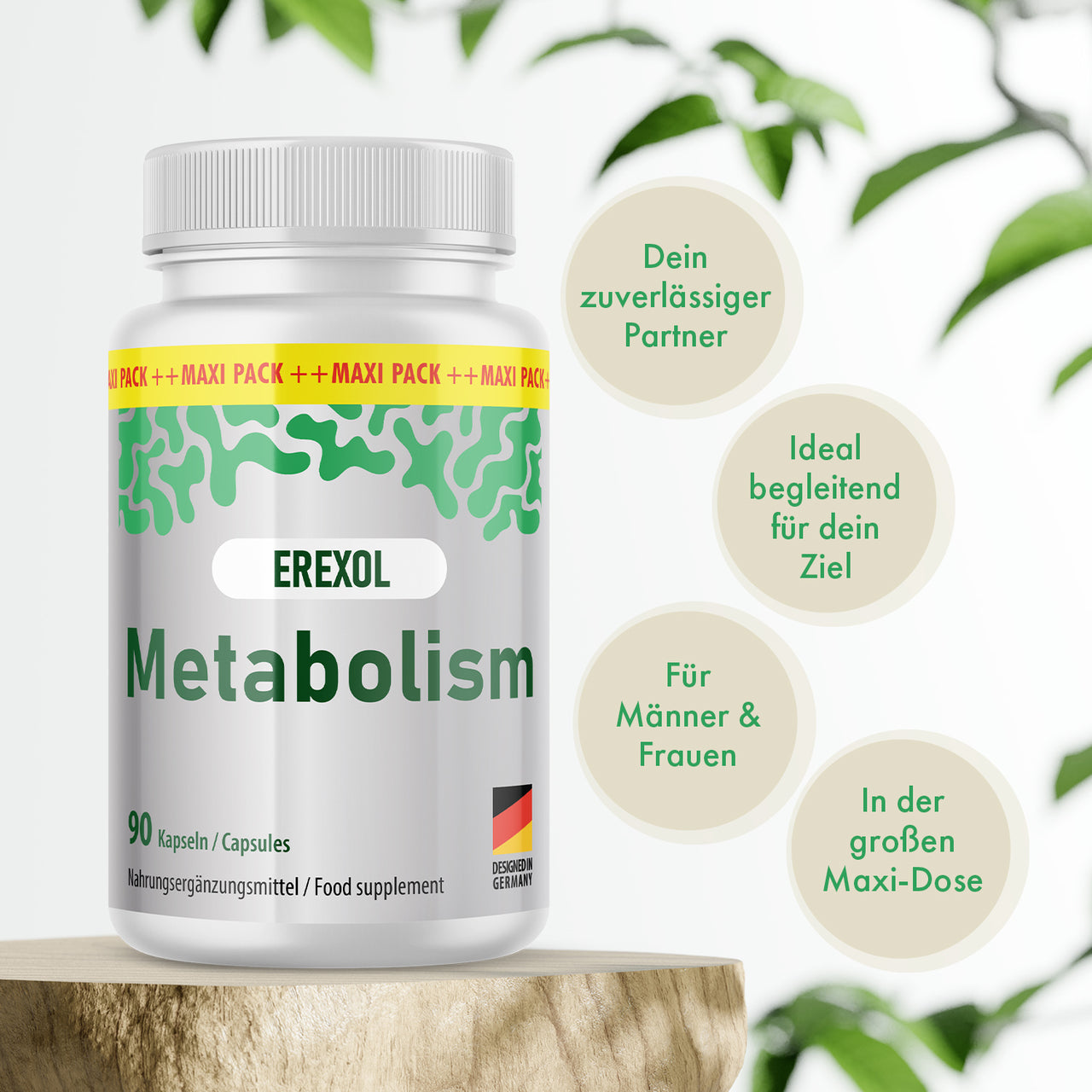 Dose EREXOL Metabolism auf Holzpodest, mit Textkreisen und grünen Blätter