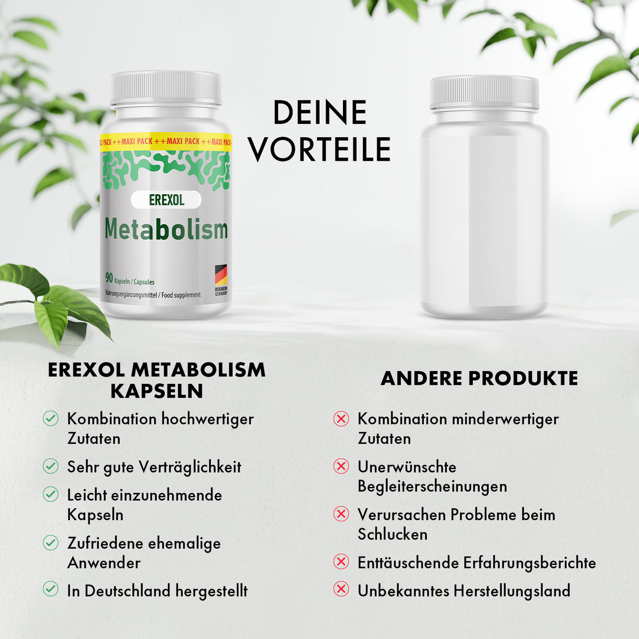 Zwei Dosen, Text „Deine Vorteile“ und Vergleichslisten zu EREXOL Metabolism