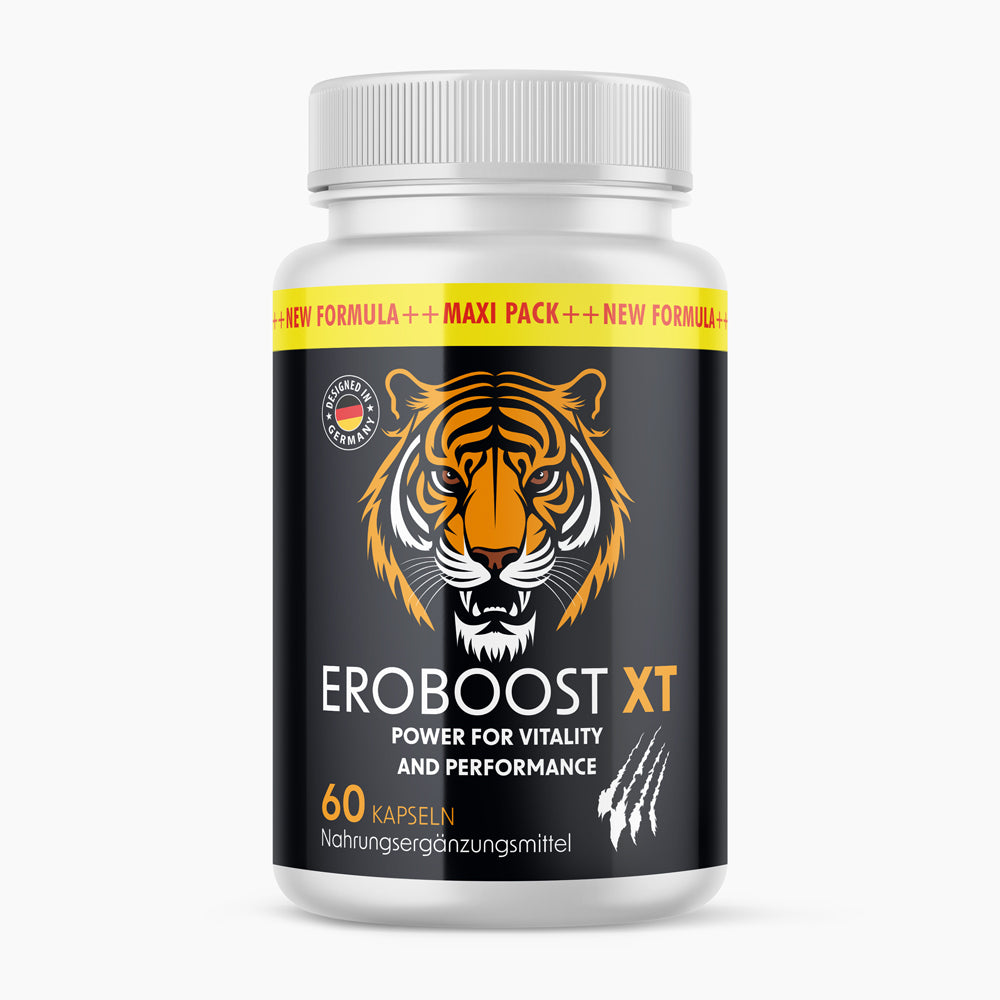 Kunststoffdose mit Tigerabbildung und Schrift Eroboost XT Power for Vitality, 60 Kapseln