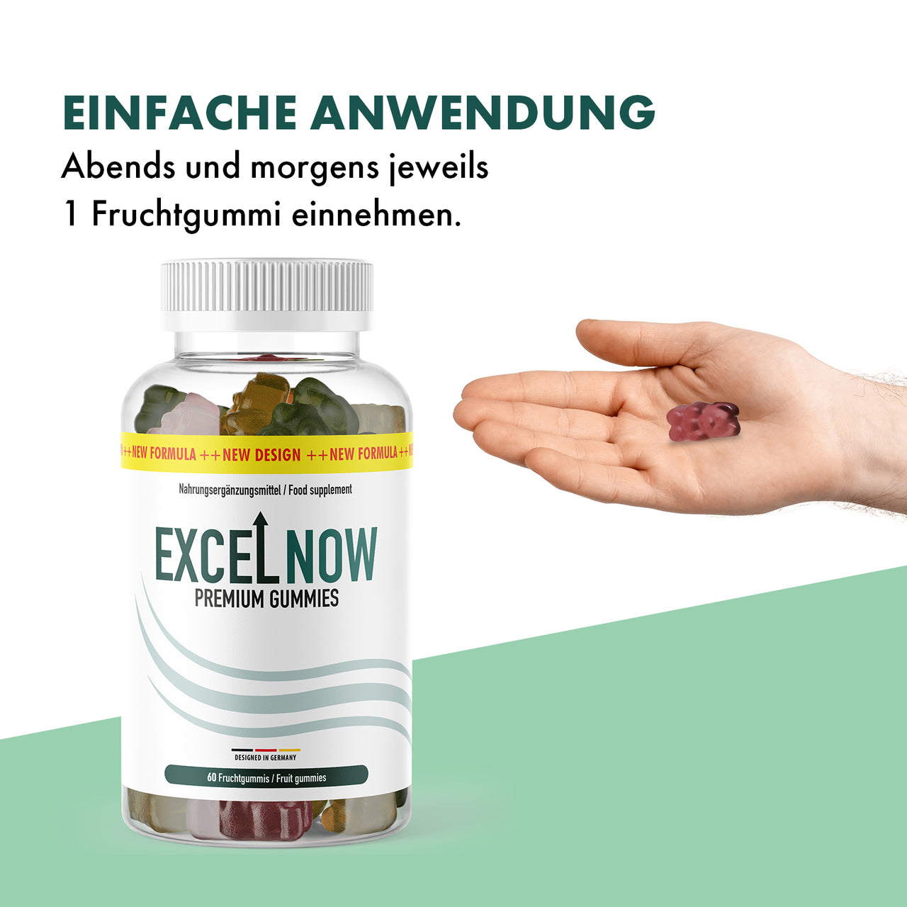 Excel Now Premium Gummies Dose neben Hand mit Fruchtgummi und Anwendungstext morgens und abends